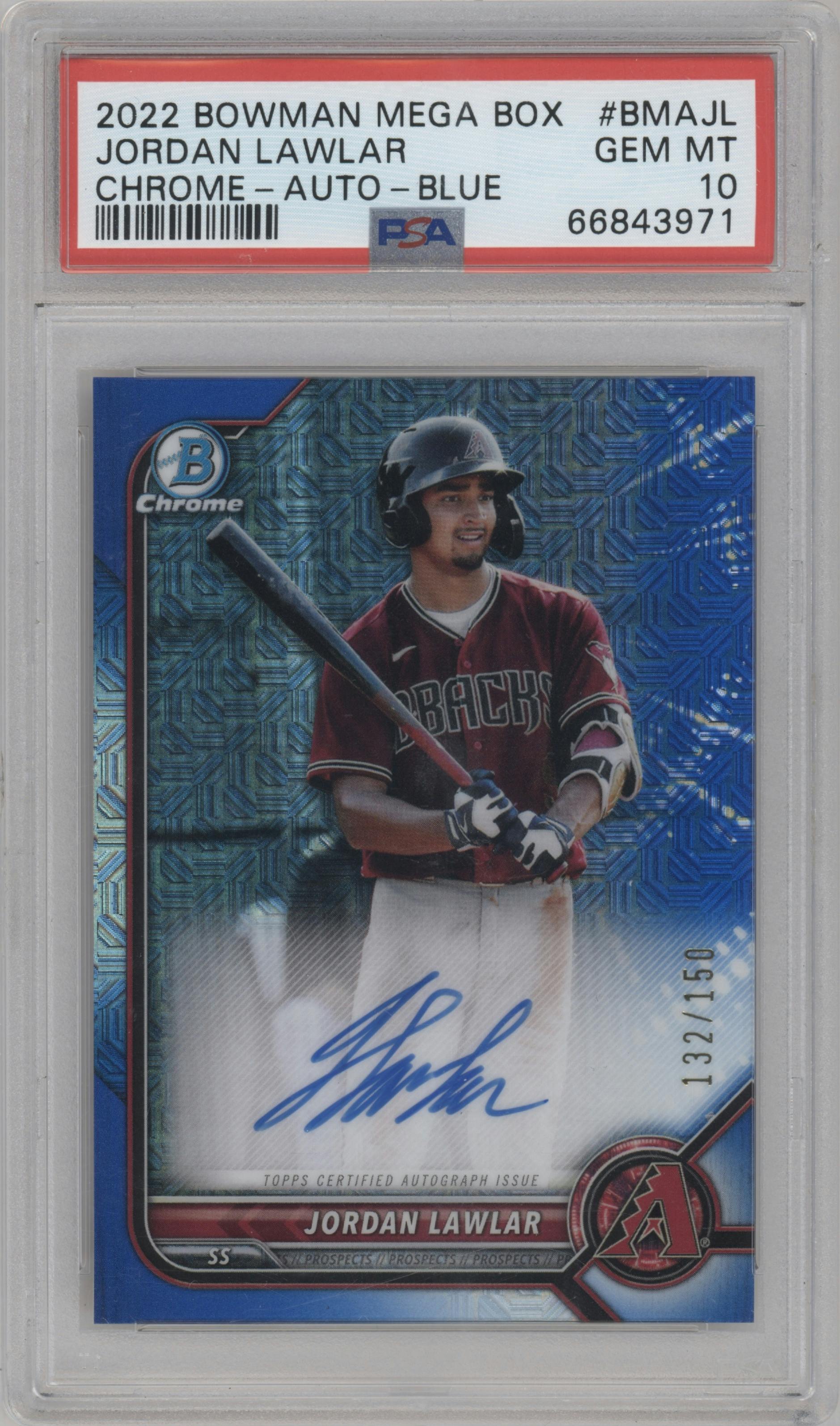 Jordan Lawlar from the 2022 Bowman Mega Box set featuring a Blue Refractor parallel graded by PSA and given an overall grade of 10.