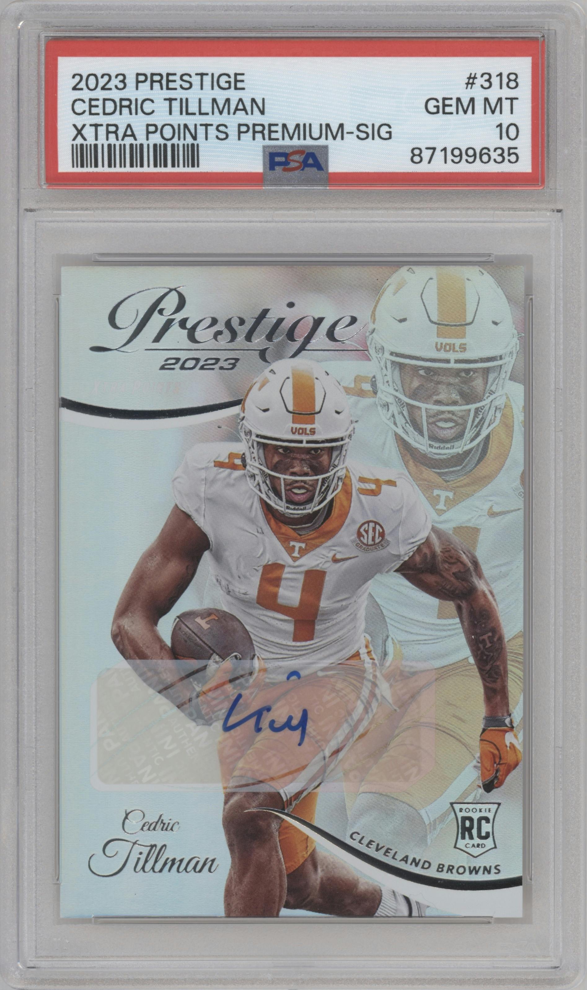 Cedric Tillman from the 2023 Panini Prestige set graded by PSA and given an overall grade of 10.