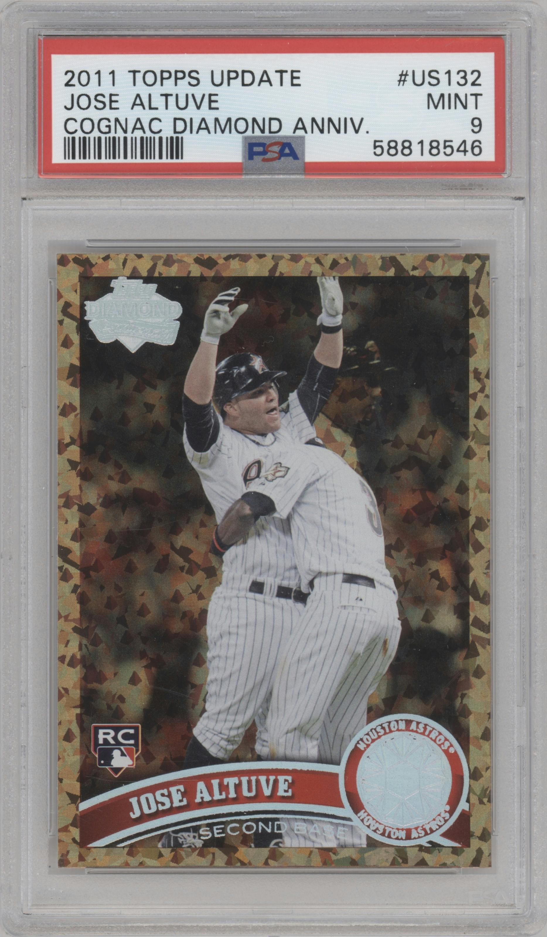 Jose Altuve from the 2011 Topps Update set featuring a Cognac Diamond Anniversary  parallel graded by PSA and given an overall grade of 9.