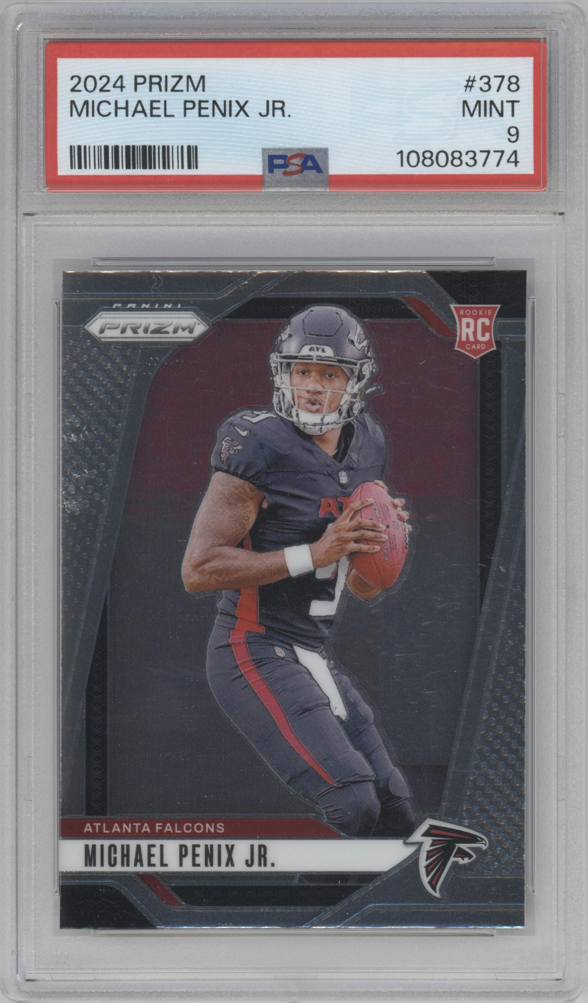 Michael Penix Jr. from the 2024 Panini Prizm set graded by PSA and given an overall grade of 9.