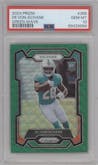 De'Von Achane from the 2023 Panini Prizm set featuring a Green Wave  parallel graded by PSA and given an overall grade of 10.