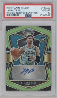 LaMelo Ball from the 2020-21 Panini Select  set featuring a Neon Green parallel graded by PSA and given an overall grade of 10.