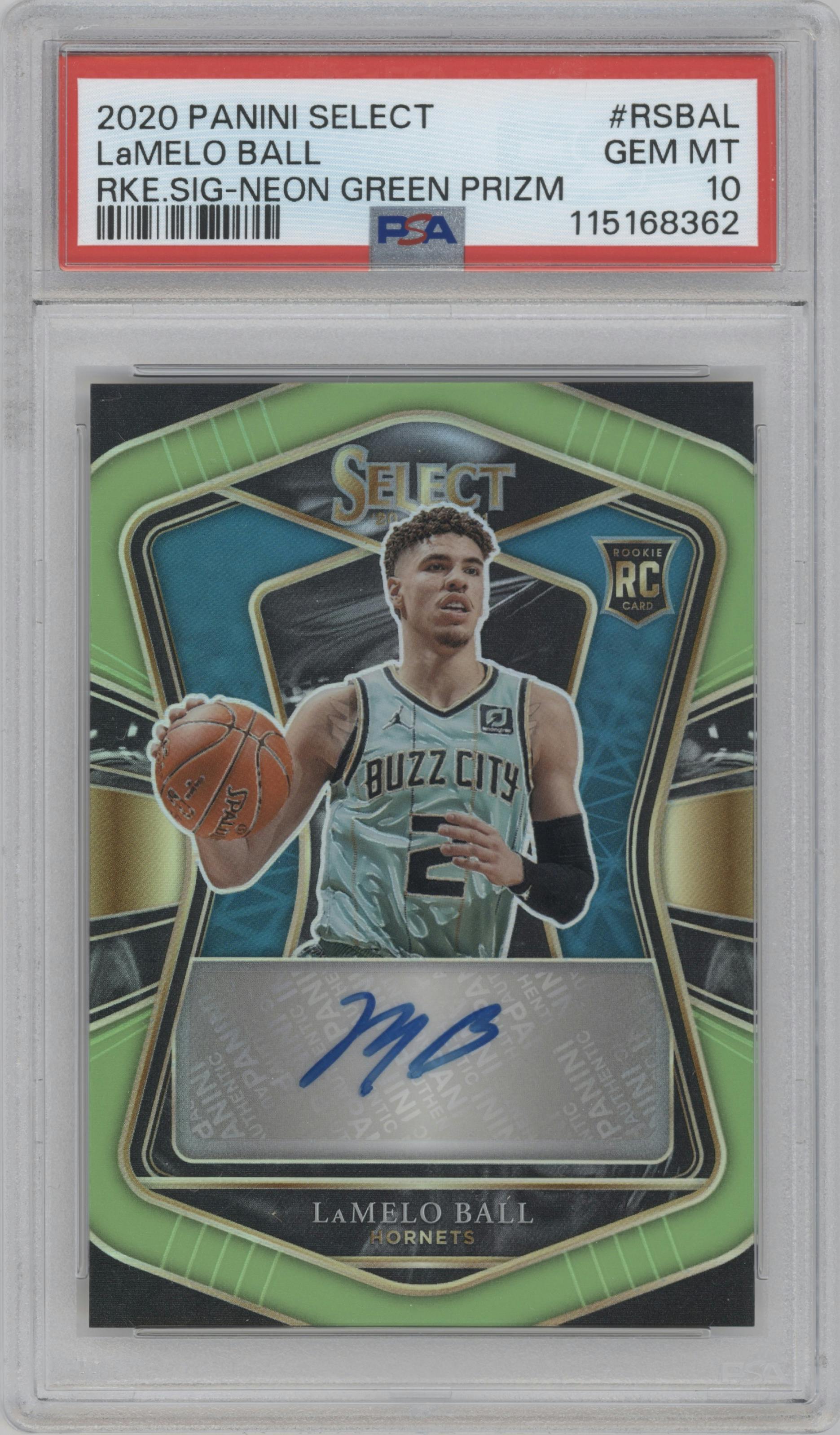 LaMelo Ball from the 2020-21 Panini Select  set featuring a Neon Green parallel graded by PSA and given an overall grade of 10.