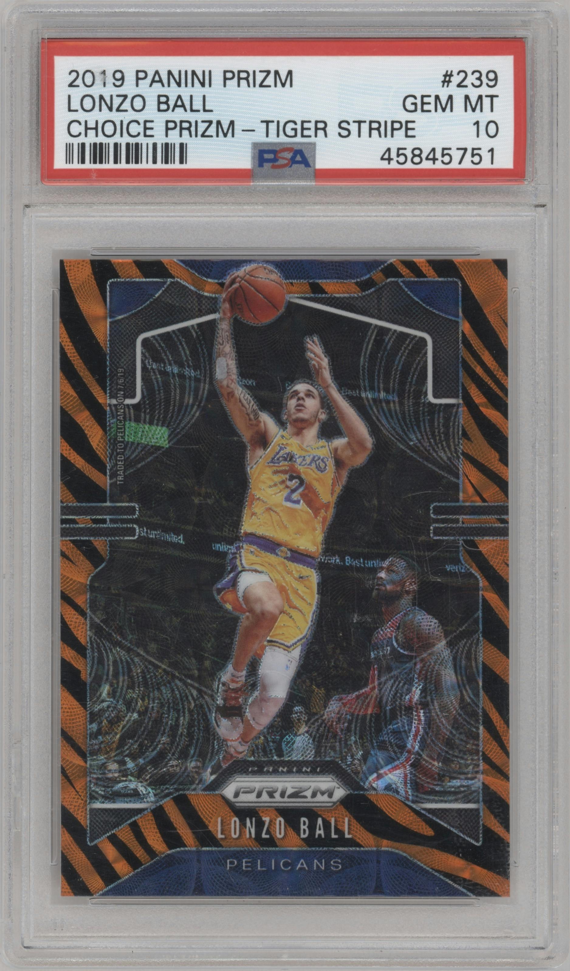 Lonzo Ball from the 2019-20 Panini Prizm set featuring a Choice Tiger Stripe parallel graded by PSA and given an overall grade of 10.