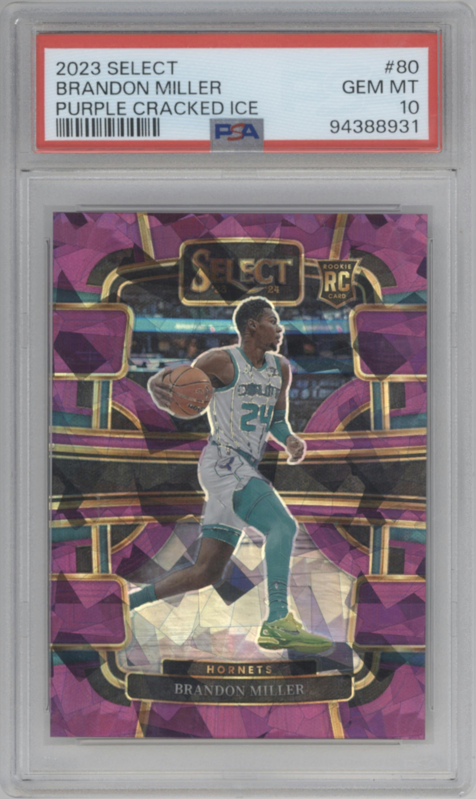 Brandon Miller from the 2023-24 Panini Select  set featuring a Purple Cracked Ice Prizm parallel graded by PSA and given an overall grade of 10.