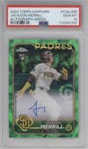 Jackson Merrill from the 2024 Topps Chrome Sapphire set featuring a Green parallel graded by PSA and given an overall grade of 10.