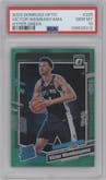 Victor Wembanyama from the 2023-24 Donruss Optic set featuring a Hyper Green parallel graded by PSA and given an overall grade of 10.