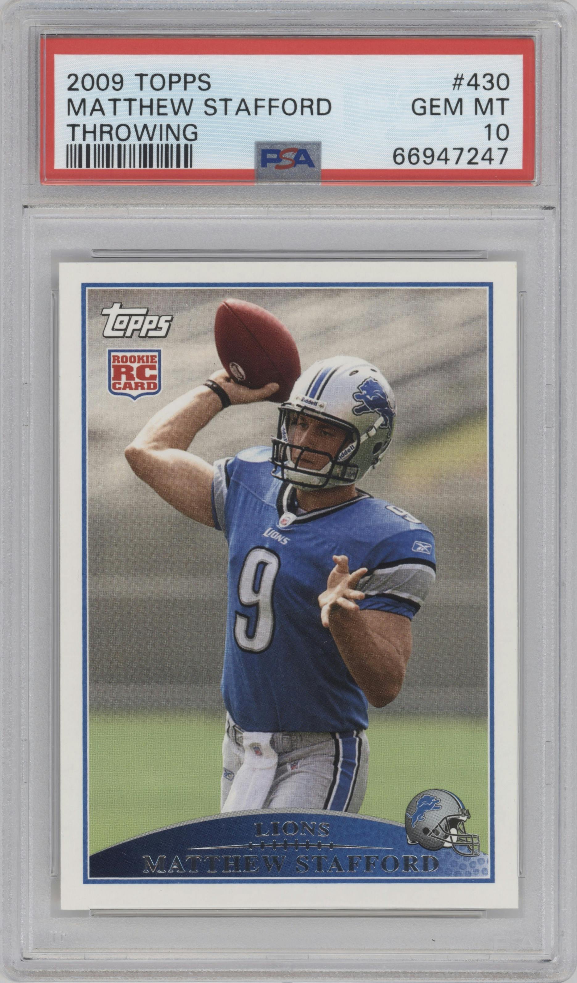 Matthew Stafford from the 2009 Topps set graded by PSA and given an overall grade of 10.