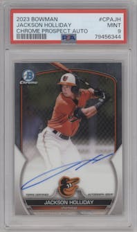 Jackson Holliday from the 2023 Bowman  set graded by PSA and given an overall grade of 9.