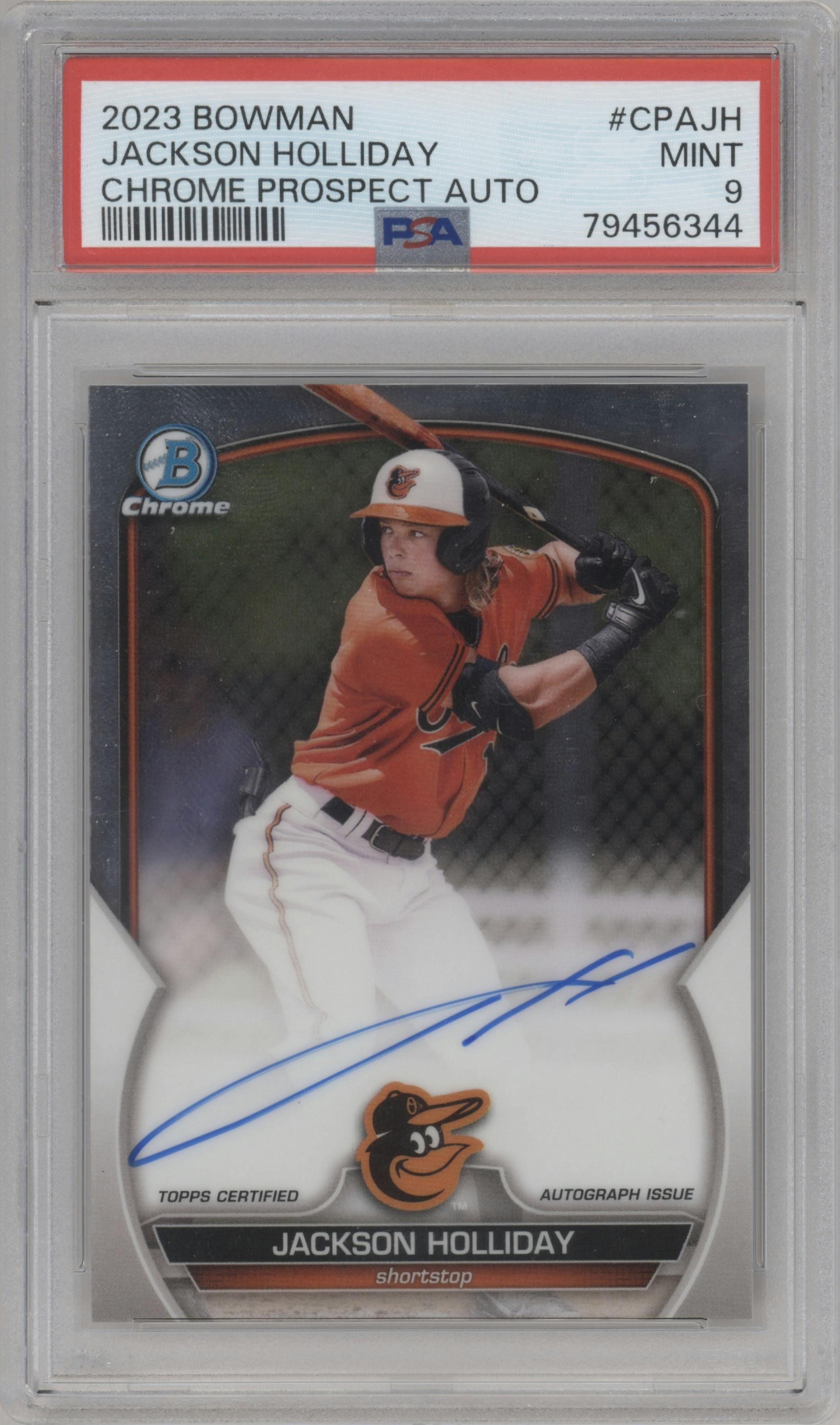Jackson Holliday from the 2023 Bowman  set graded by PSA and given an overall grade of 9.