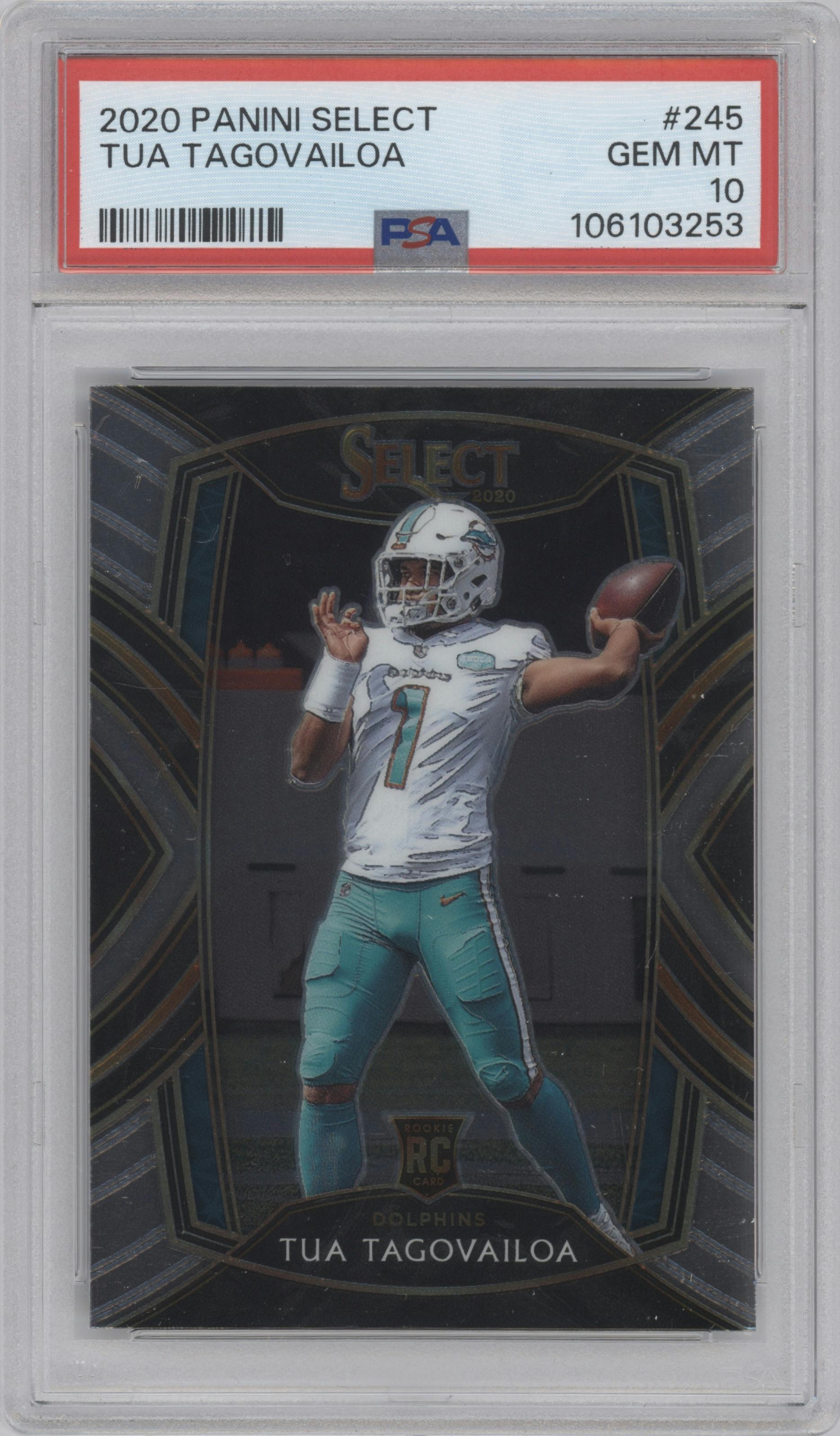 Tua Tagovailoa from the 2020 Panini Select set graded by PSA and given an overall grade of 10.