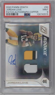 Jordan Love from the 2020 Panini Zenith set featuring a Copper parallel graded by PSA and given an overall grade of 9.
