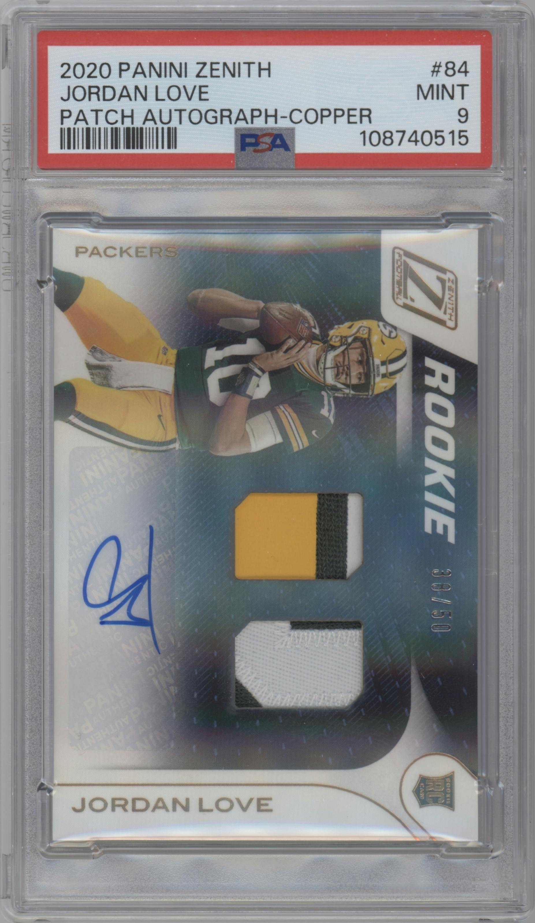 Jordan Love from the 2020 Panini Zenith set featuring a Copper parallel graded by PSA and given an overall grade of 9.