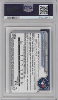 Arjun Nimmala from the 2024 Bowman set featuring a Yellow Refractor parallel graded by PSA and given an overall grade of 10.