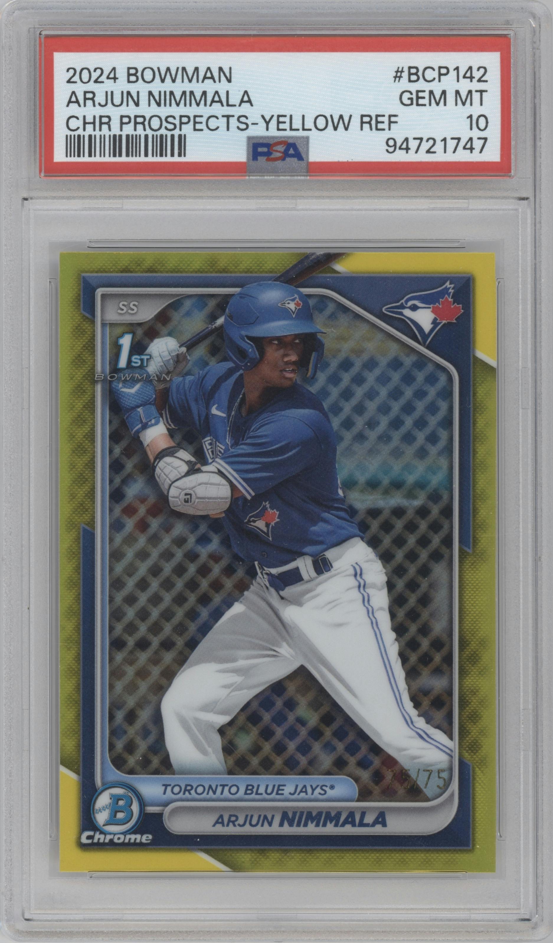 Arjun Nimmala from the 2024 Bowman set featuring a Yellow Refractor parallel graded by PSA and given an overall grade of 10.