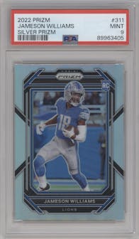 Jameson Williams from the 2022 Panini Prizm set featuring a Silver Prizm parallel graded by PSA and given an overall grade of 9.