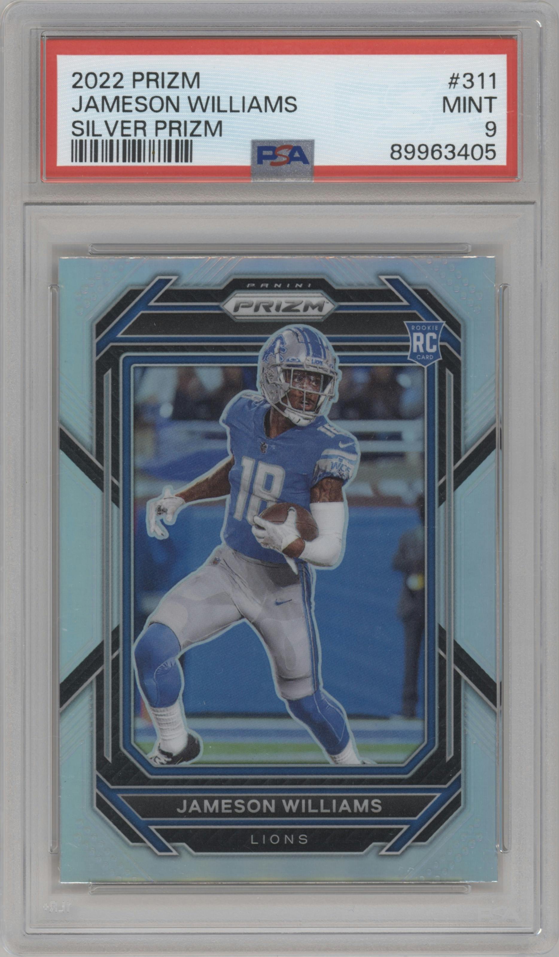 Jameson Williams from the 2022 Panini Prizm set featuring a Silver Prizm parallel graded by PSA and given an overall grade of 9.