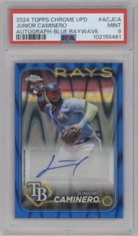 Junior Caminero from the 2024 Topps Chrome Update set featuring a Blue RayWave Refractor parallel graded by PSA and given an overall grade of 9.