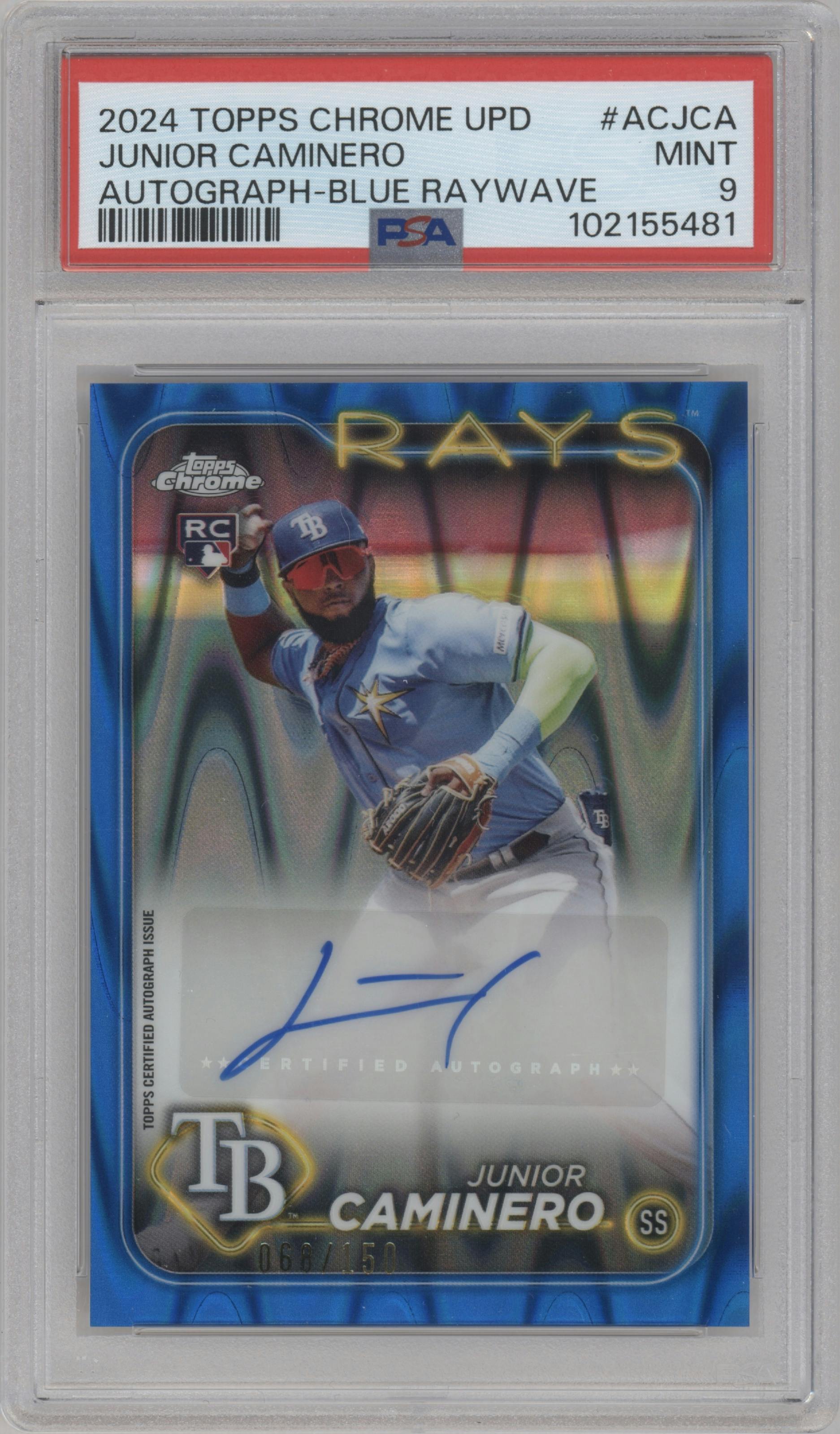 Junior Caminero from the 2024 Topps Chrome Update set featuring a Blue RayWave Refractor parallel graded by PSA and given an overall grade of 9.