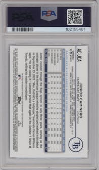 Junior Caminero from the 2024 Topps Chrome Update set featuring a Blue RayWave Refractor parallel graded by PSA and given an overall grade of 9.