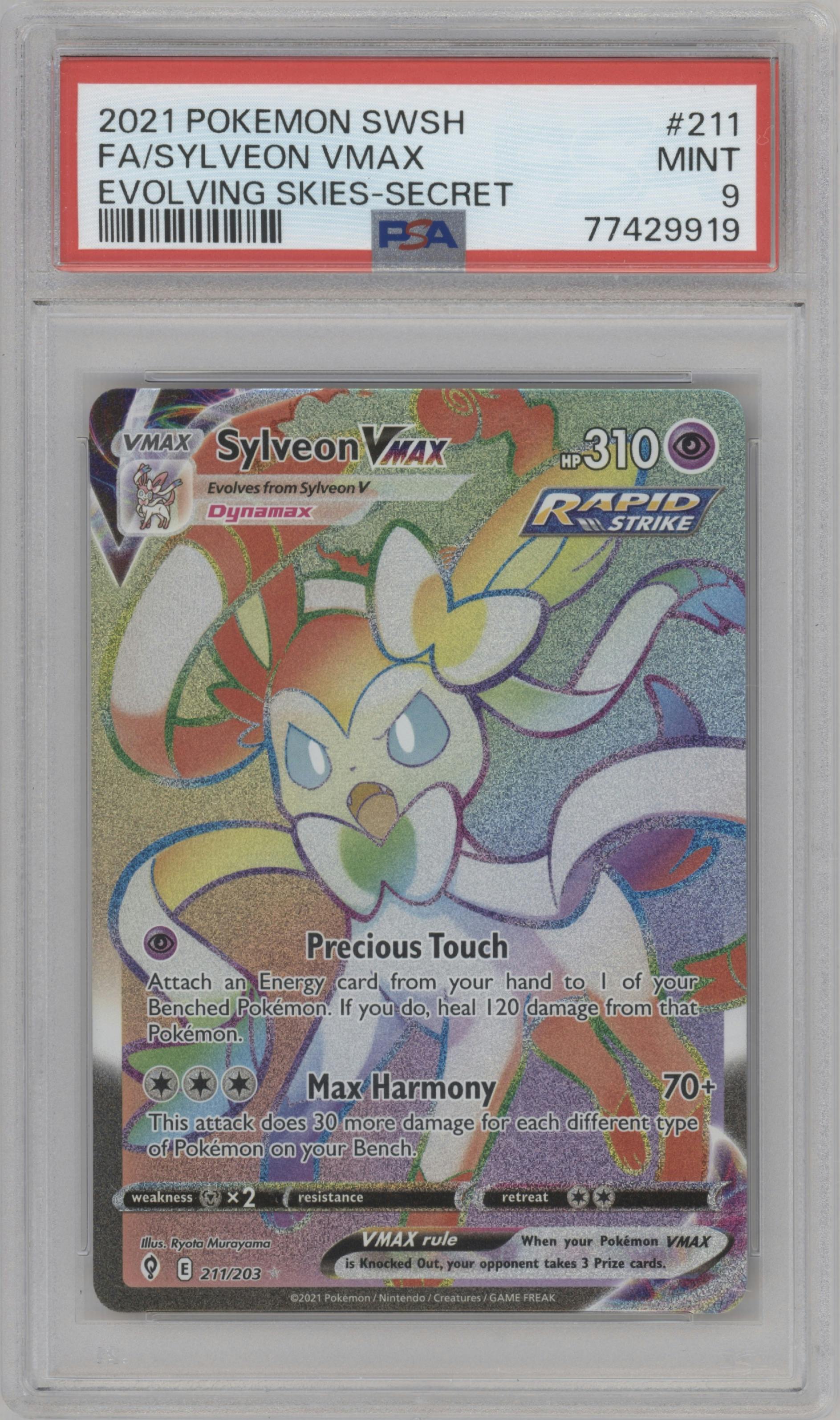 Sylveon VMAX from the 2021 Pokemon SWSH set graded by PSA and given an overall grade of 9.