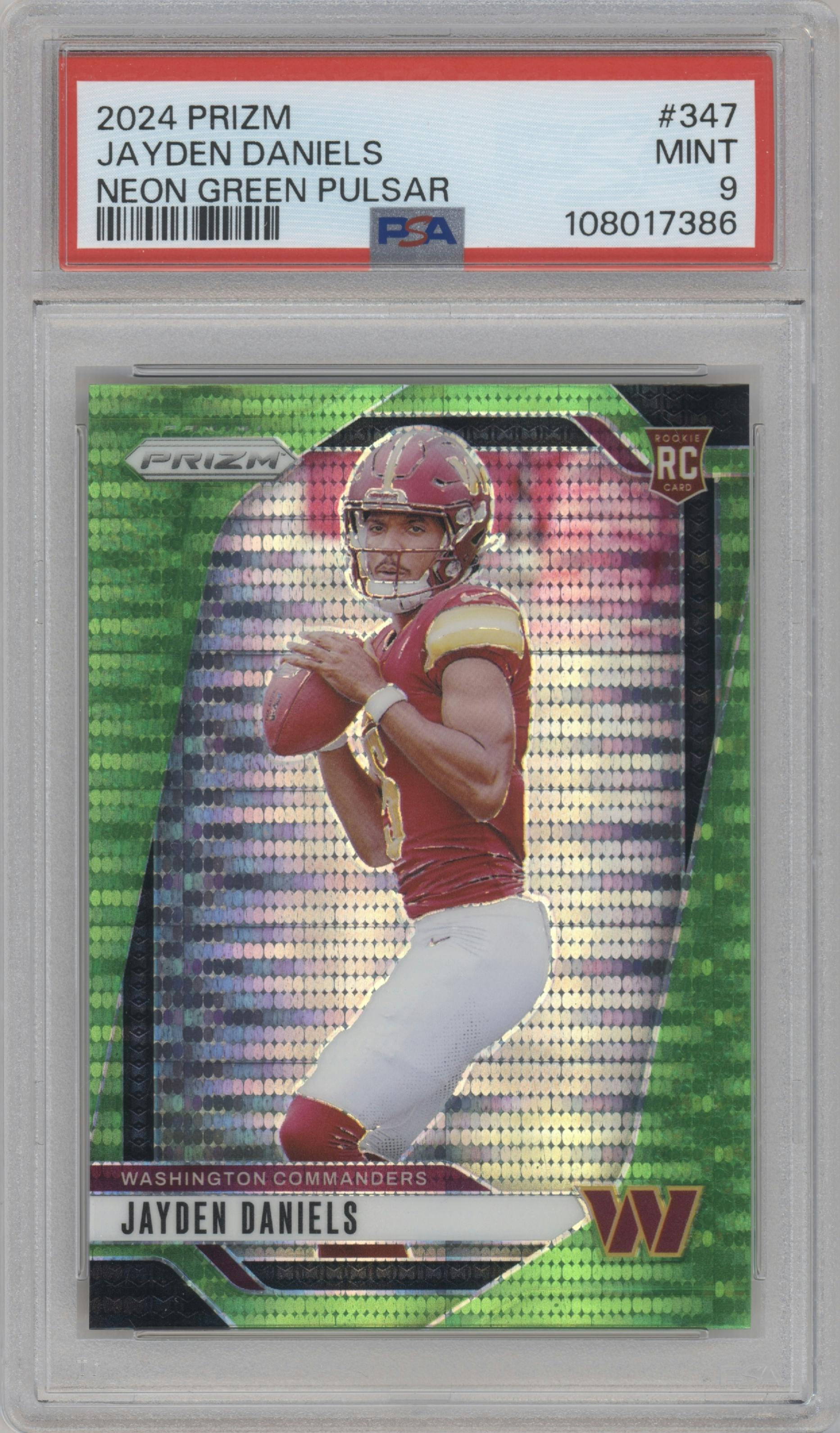 Jayden Daniels from the 2024 Panini Prizm set featuring a Neon Green Pulsar  parallel graded by PSA and given an overall grade of 9.