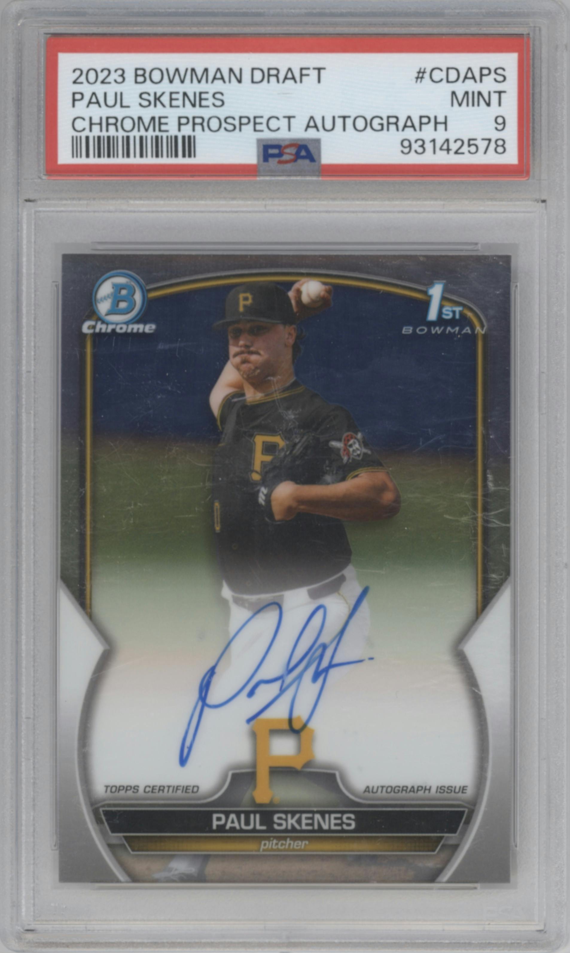 Paul Skenes from the 2023 Bowman Draft set graded by PSA and given an overall grade of 9.