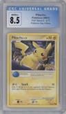 Pikachu from the 2007 Pokemon set featuring a Pokemon Day Stamp Pro parallel graded by CSG and given an overall grade of 8.5.