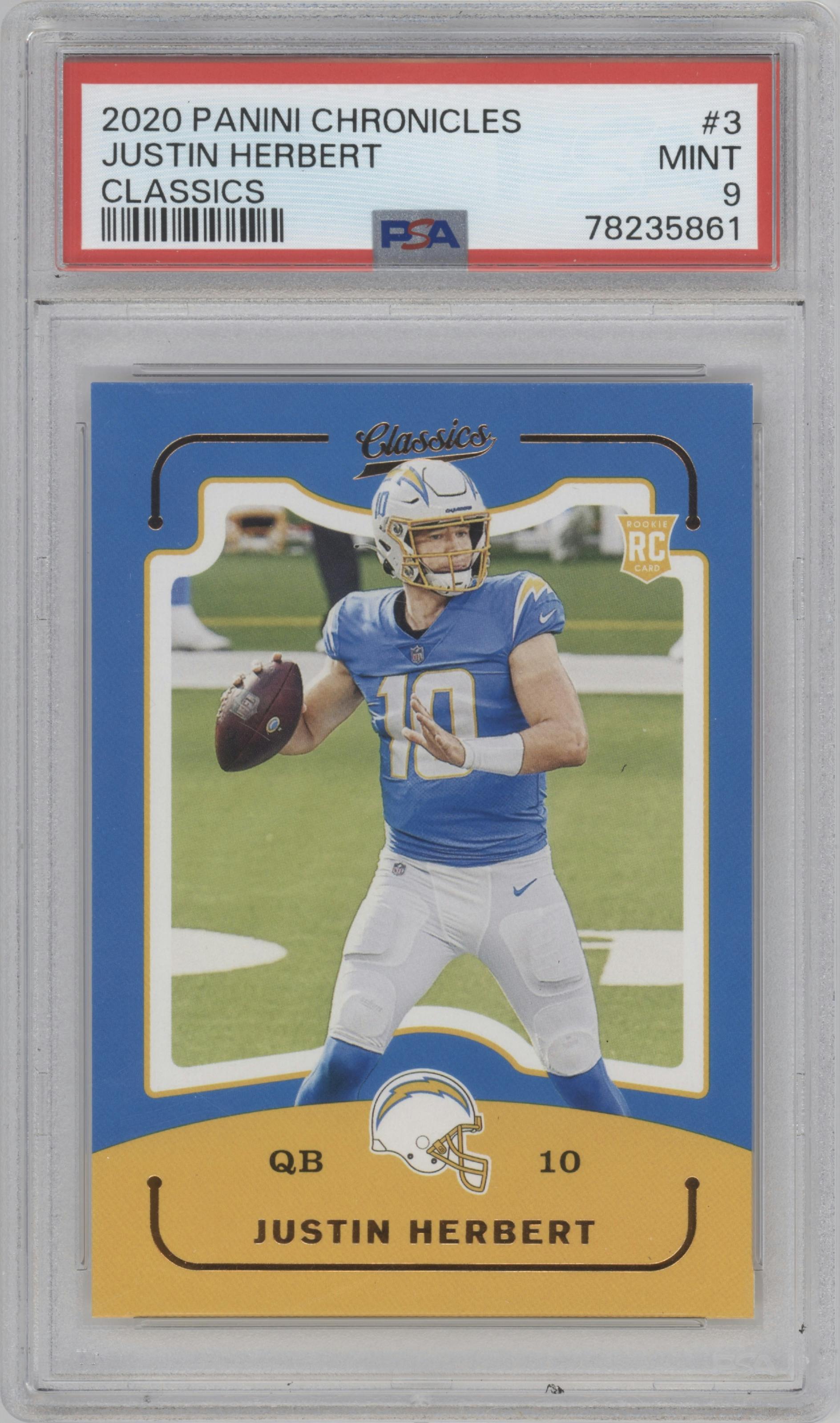 Justin Herbert from the 2020 Panini Chronicles set graded by PSA and given an overall grade of 9.