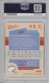 Justin Herbert from the 2020 Panini Chronicles set graded by PSA and given an overall grade of 9.
