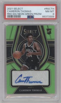 Cameron Thomas from the 2021-22 Panini Select set featuring a Neon Green parallel graded by PSA and given an overall grade of 8.
