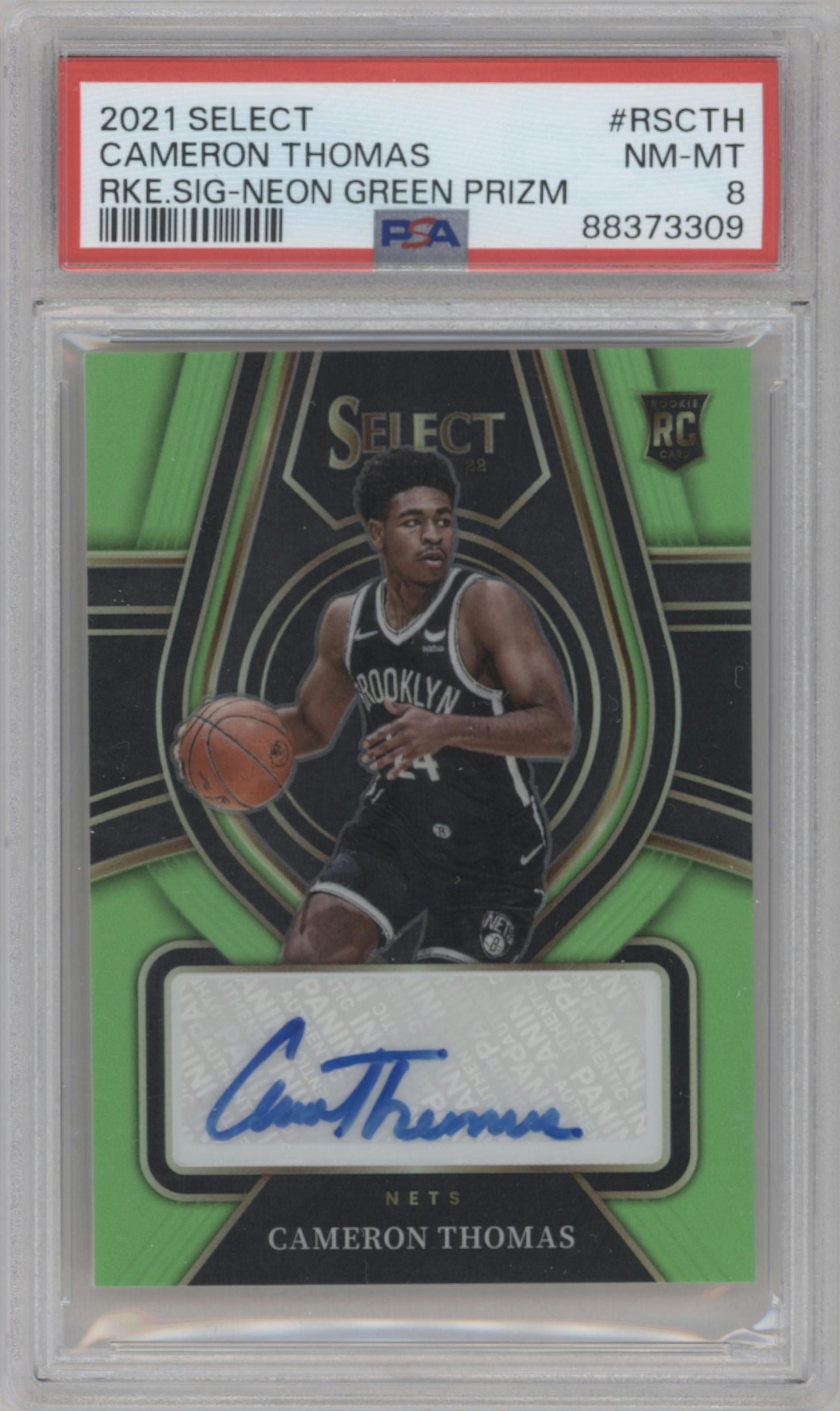 Cameron Thomas from the 2021-22 Panini Select set featuring a Neon Green parallel graded by PSA and given an overall grade of 8.