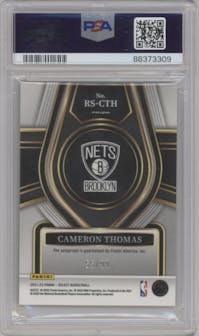 Cameron Thomas from the 2021-22 Panini Select set featuring a Neon Green parallel graded by PSA and given an overall grade of 8.