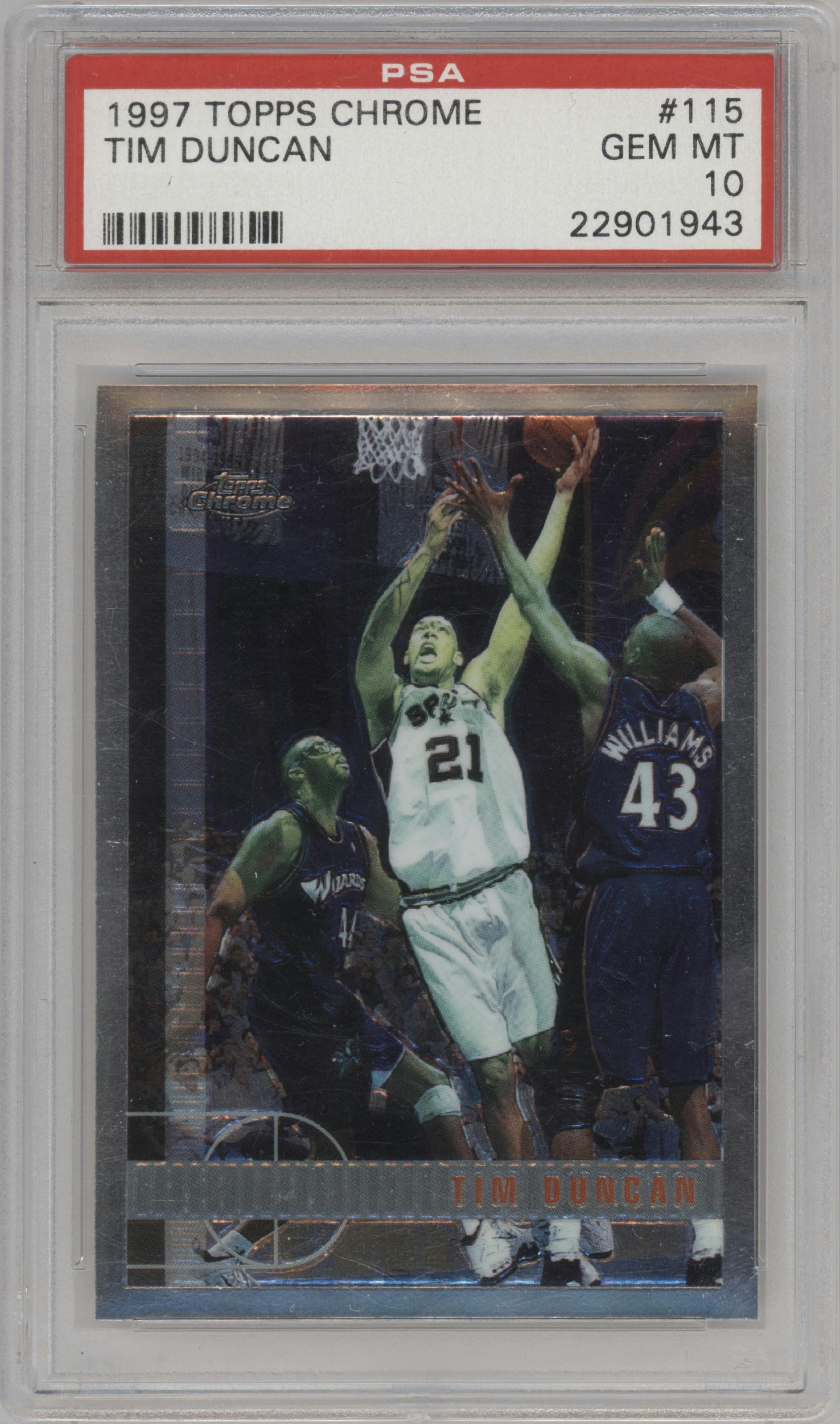 Tim Duncan from the 1997-98 Topps Chrome set graded by PSA and given an overall grade of 10.