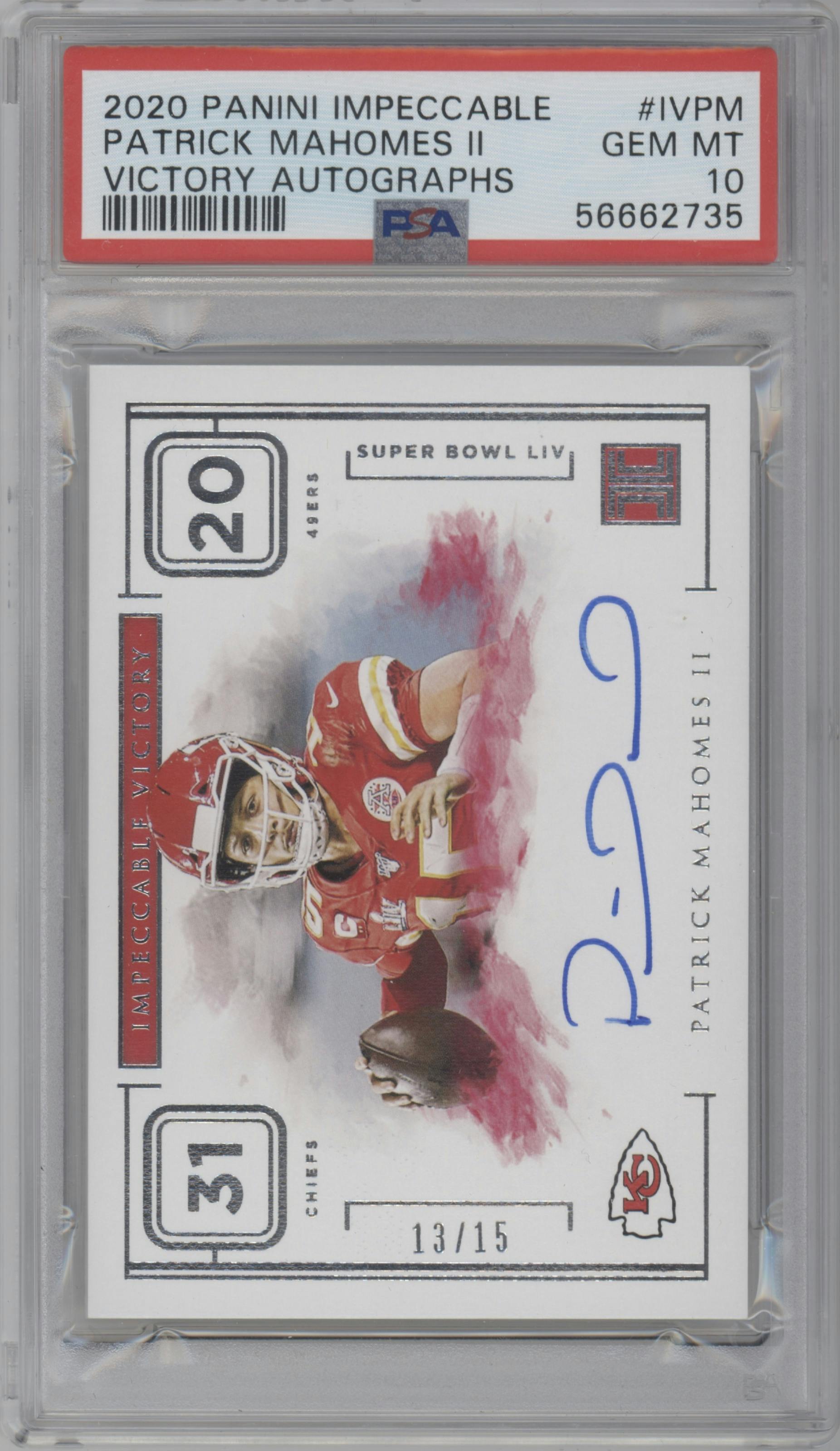 Patrick Mahomes II from the 2020 Panini Impeccable set graded by PSA and given an overall grade of 10.