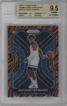 Anthony Edwards from the 2020-21 Panini Prizm set featuring a Choice Tiger Stripe parallel graded by Beckett and given an overall grade of 9.5.