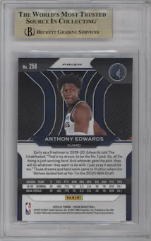 Anthony Edwards from the 2020-21 Panini Prizm set featuring a Choice Tiger Stripe parallel graded by Beckett and given an overall grade of 9.5.