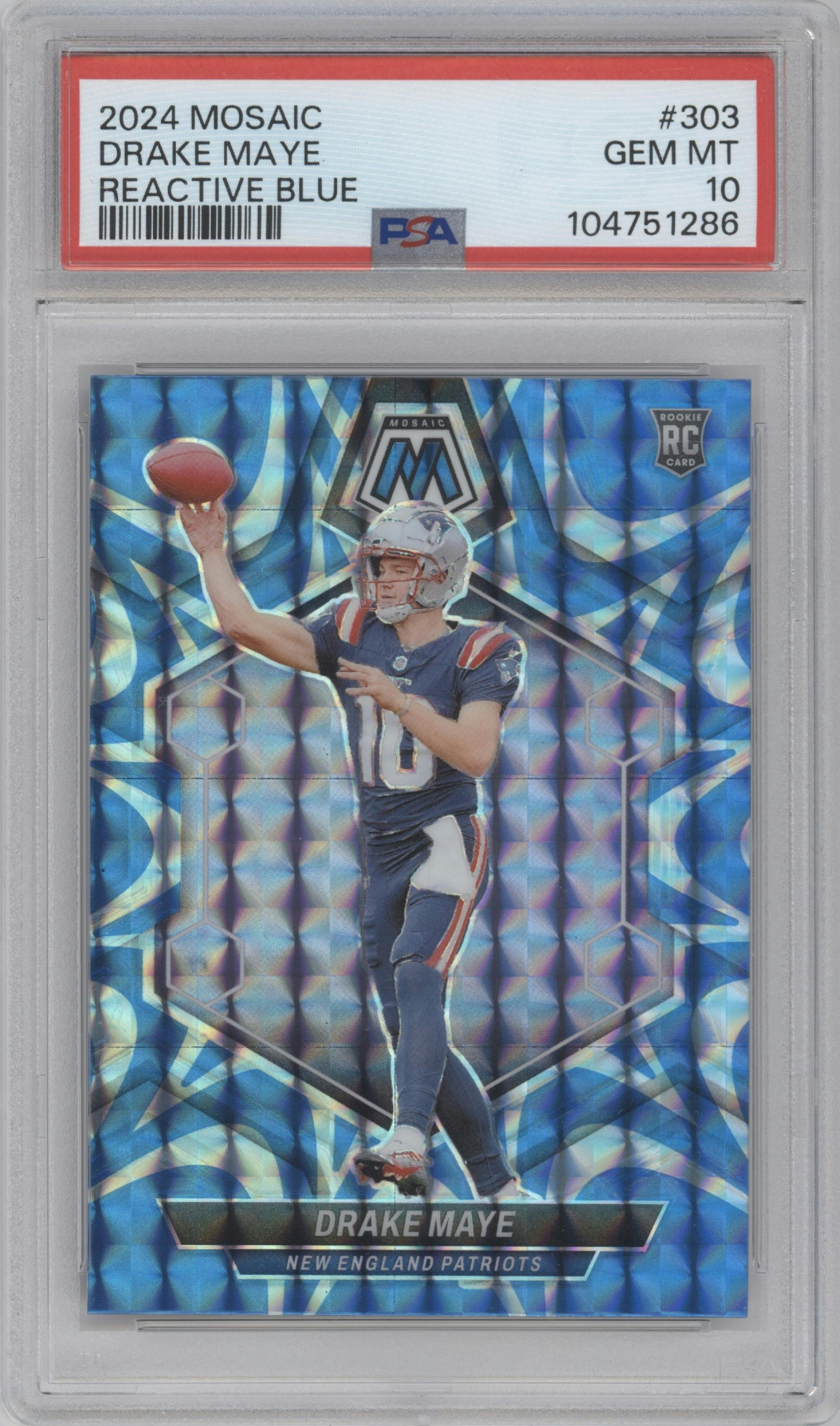 Drake Maye from the 2024 Panini Mosaic set featuring a Reactive Blue parallel graded by PSA and given an overall grade of 10.