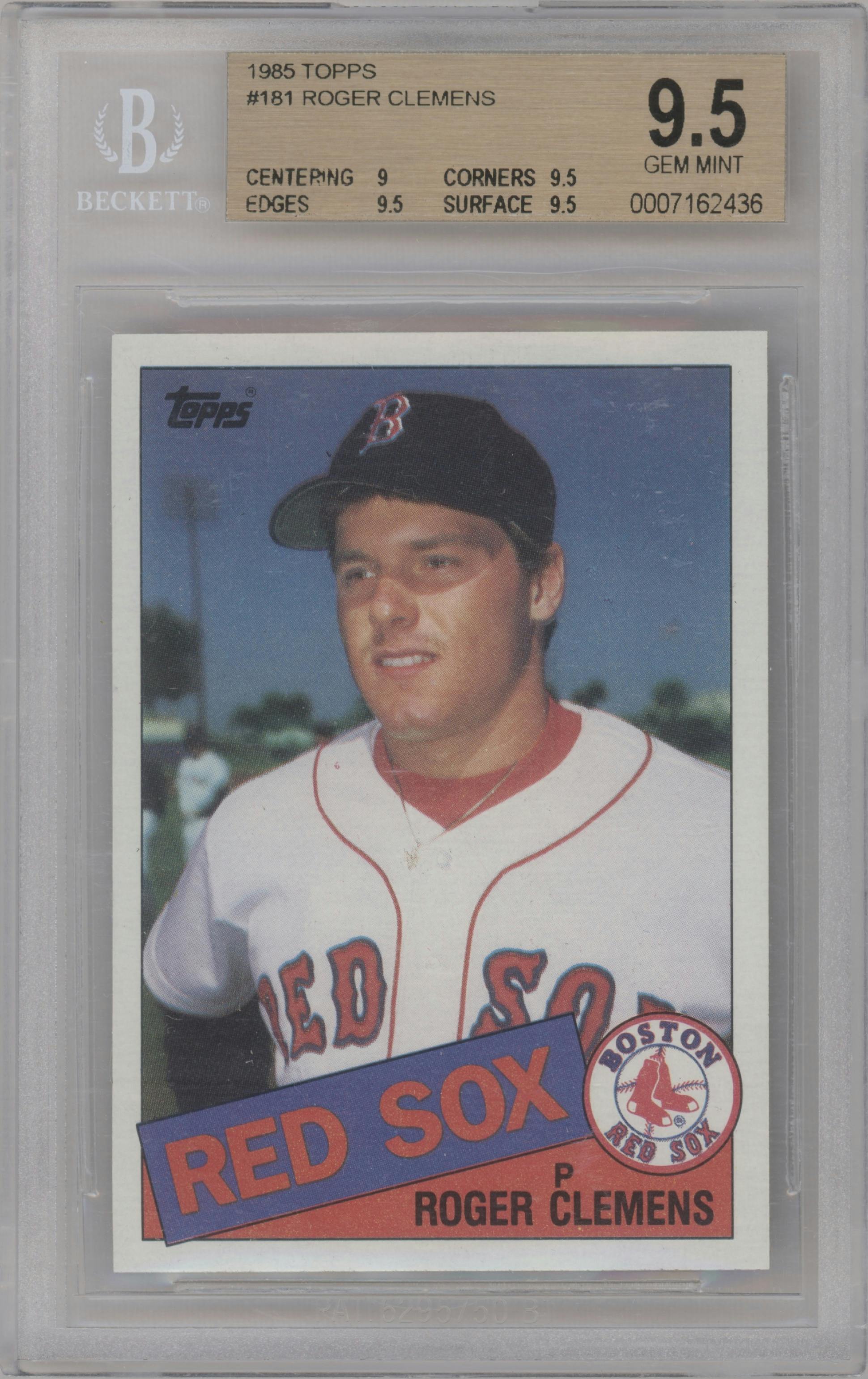 Roger Clemens from the 1985 Topps set graded by Beckett and given an overall grade of 9.5.