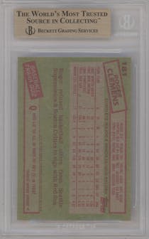 Roger Clemens from the 1985 Topps set graded by Beckett and given an overall grade of 9.5.