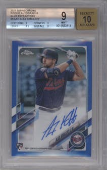 Alex Kirilloff from the 2021 Topps Chrome set featuring a Blue Refractor  parallel graded by Beckett and given an overall grade of 9.