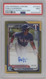 Pablo Guerrero from the 2024 Bowman Chrome set featuring a Gold Refractor parallel graded by PSA and given an overall grade of 9.