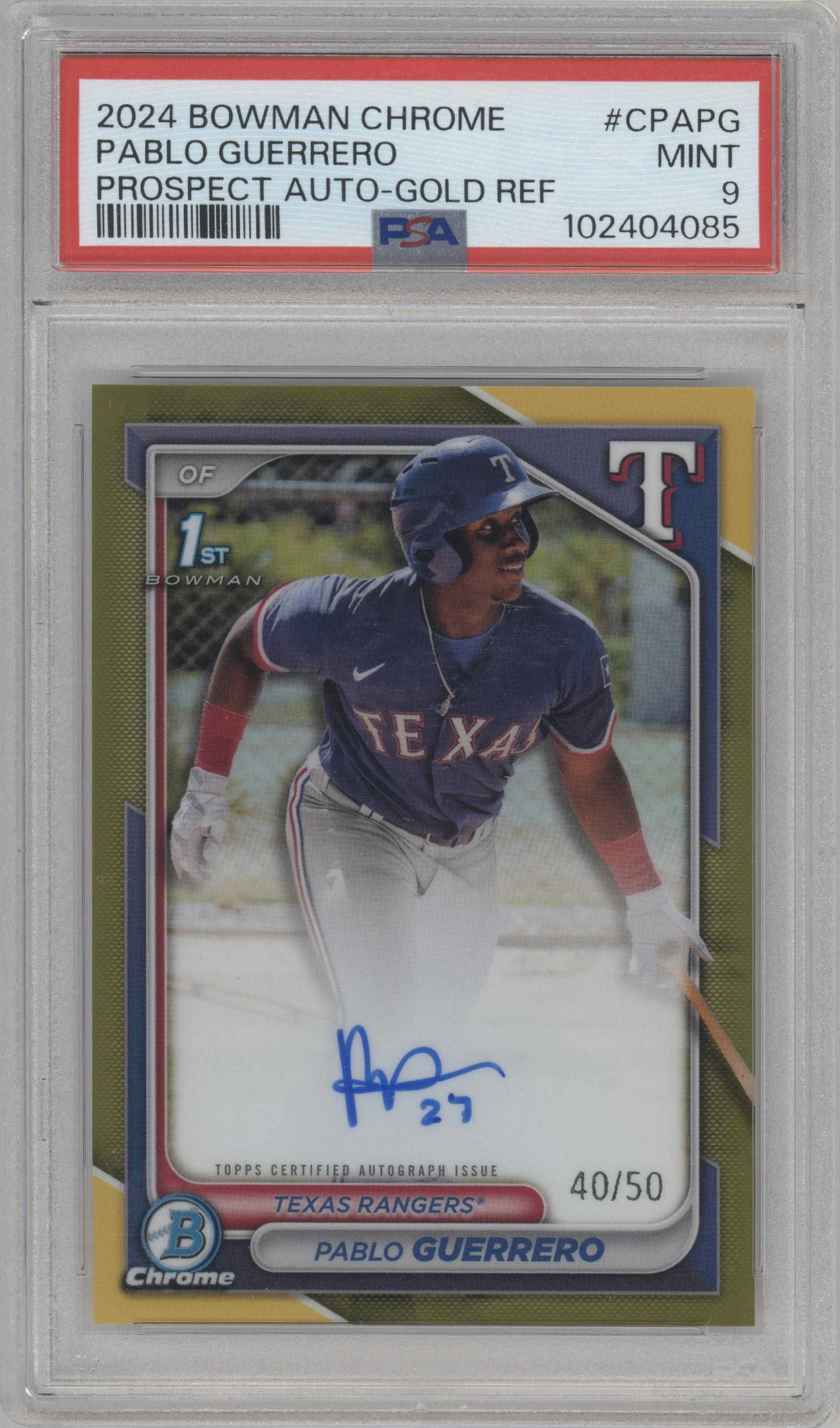 Pablo Guerrero from the 2024 Bowman Chrome set featuring a Gold Refractor parallel graded by PSA and given an overall grade of 9.