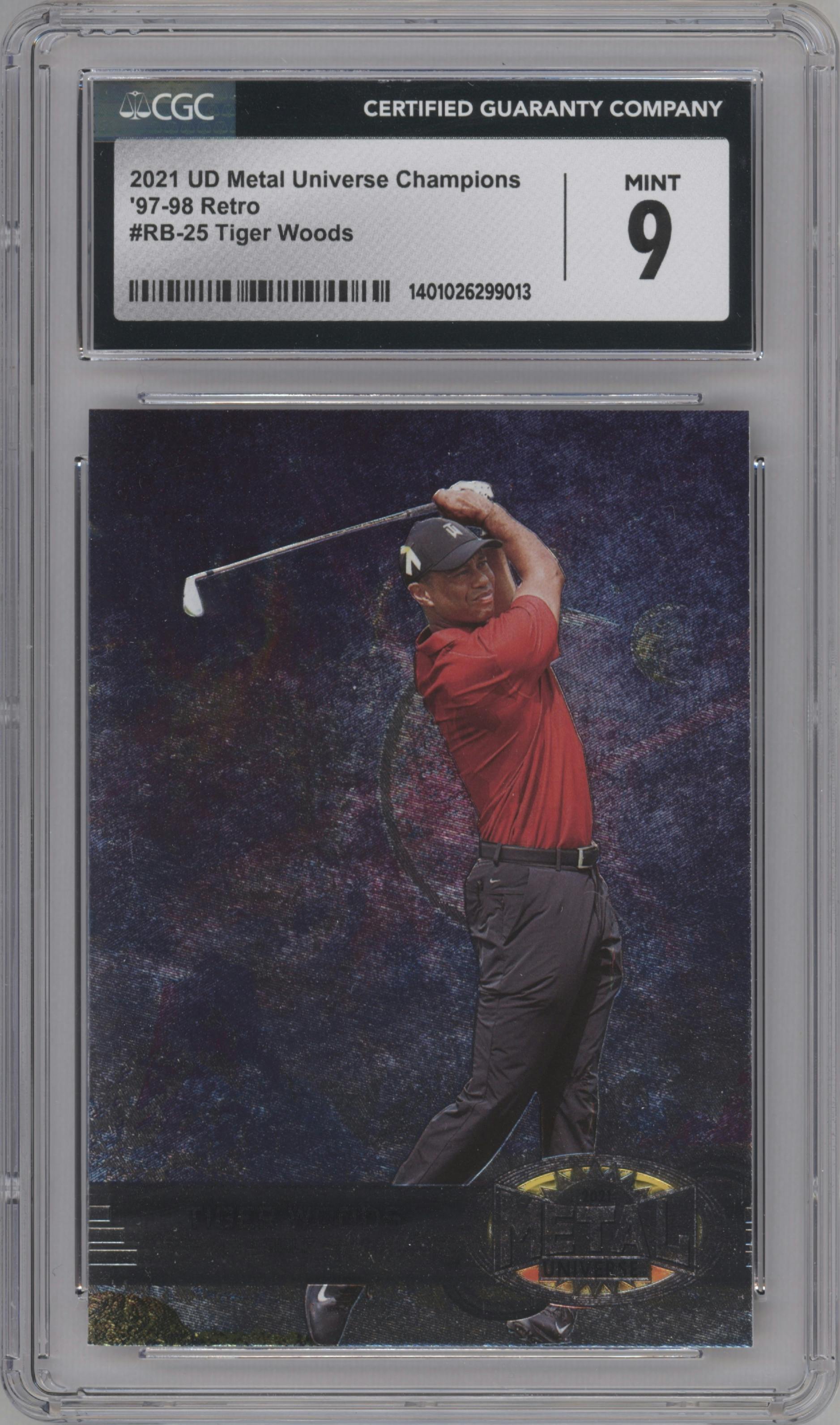 Tiger Woods from the 2021 Skybox Metal Universe Champions set graded by CSG and given an overall grade of 9.