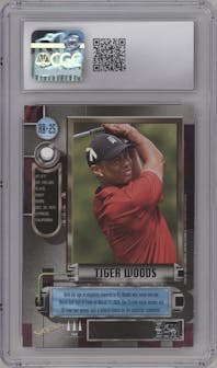 Tiger Woods from the 2021 Skybox Metal Universe Champions set graded by CSG and given an overall grade of 9.