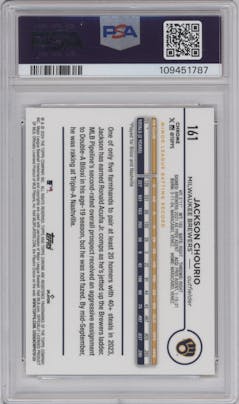 Jackson Chourio from the 2024 Topps Chrome Logofractor set featuring a Gold MLB Refractor parallel graded by PSA and given an overall grade of 9.
