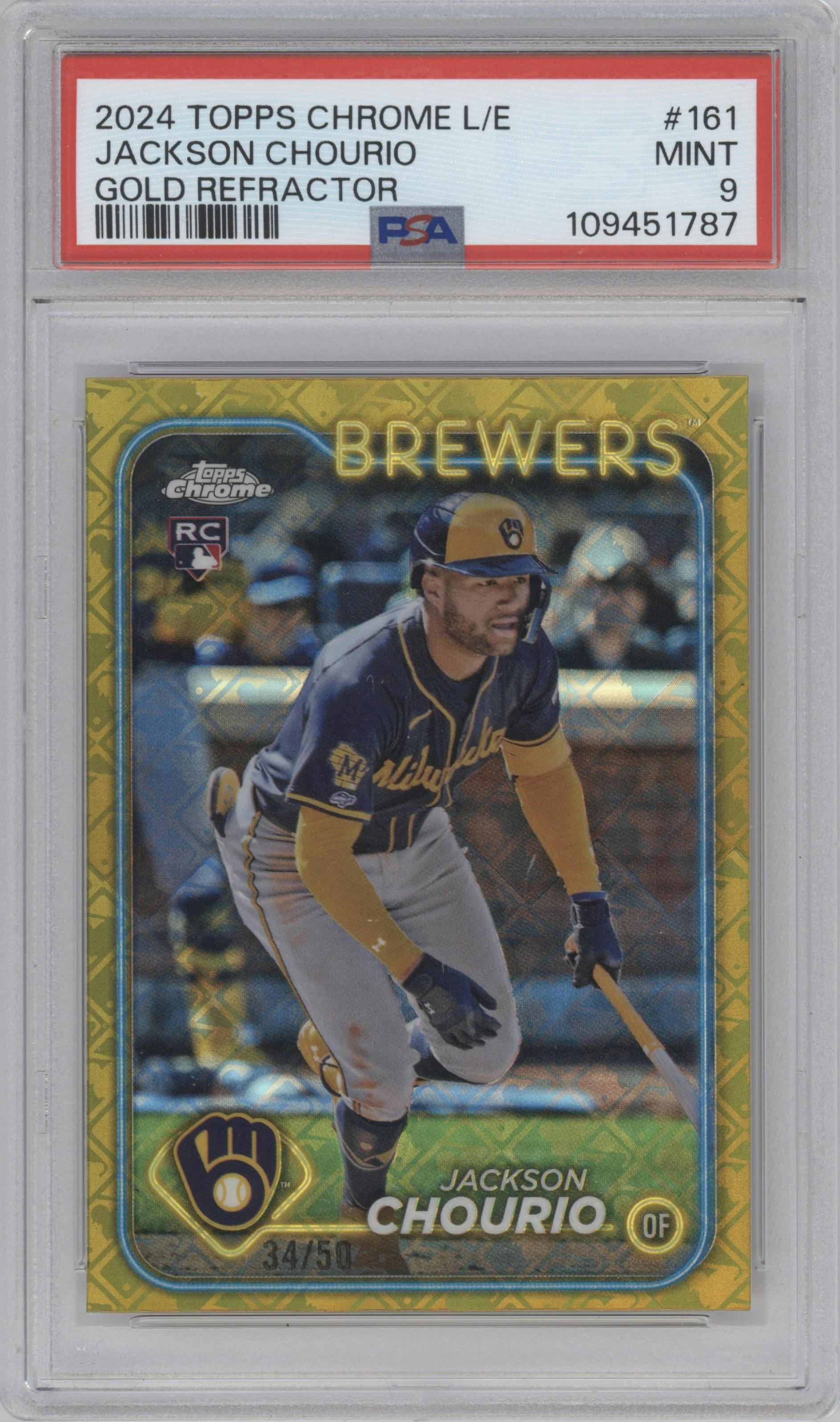 Jackson Chourio from the 2024 Topps Chrome Logofractor set featuring a Gold MLB Refractor parallel graded by PSA and given an overall grade of 9.