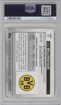 Jude Bellingham from the 2020-21 Topps Chrome Sapphire Edition Bundesliga set featuring a Orange parallel graded by PSA and given an overall grade of 10.