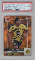Jude Bellingham from the 2020-21 Topps Chrome Sapphire Edition Bundesliga set featuring a Orange parallel graded by PSA and given an overall grade of 10.
