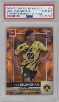 Jude Bellingham from the 2020-21 Topps Chrome Sapphire Edition Bundesliga set featuring a Orange parallel graded by PSA and given an overall grade of 10.